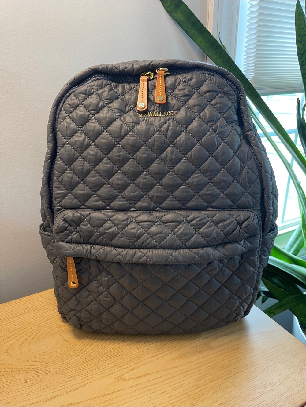 MZ Wallace Quilted Grey Backpack with Tan Leather Pulls